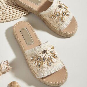 Beige Vacation Women's Rhinestone & Shell Decor Espadrille Sandals